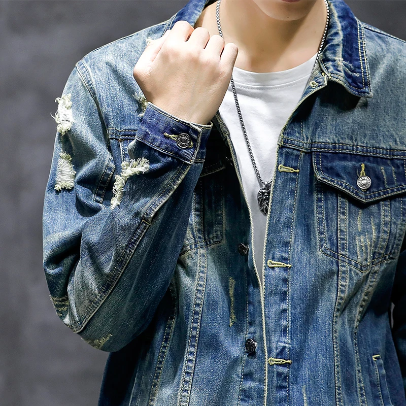 Джинсовая куртка мужская с рваными дырками винтажная хлопковая модная