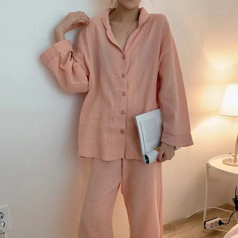 Spring Autumn Women's Sleep Lounge Pajamas Set 100% Gauze Cotton Sleepwear Long Sleeve Trousers Pyjamas Suits
