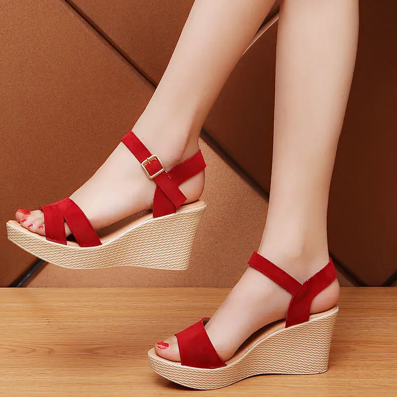 

Women Wedges Sandals,2021 NEW Summer Heels,Ankle Buckle Strap Platfortm Shoes, Thick Bottom,Female Footwear Black,Red,Beige