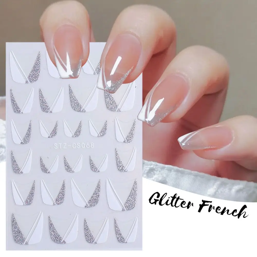 

1 Sheet 3D Nail Sticker French Silver White Design Adhesive Nail Decals Water Transfer Summer Sliders Nail Art Decorations