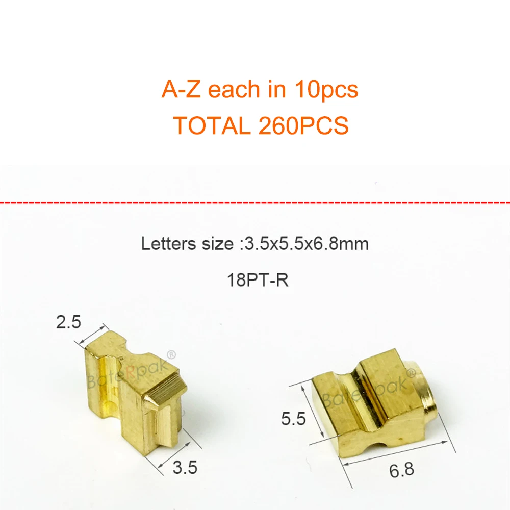 BateRpak 18PT-R 3.5x5.5x6.8MM Brass coding letters kit forHUALIAN  FRMQ-900III/FRM-980/FRBM-810  A-Z each 10pcs ,total 260pcs