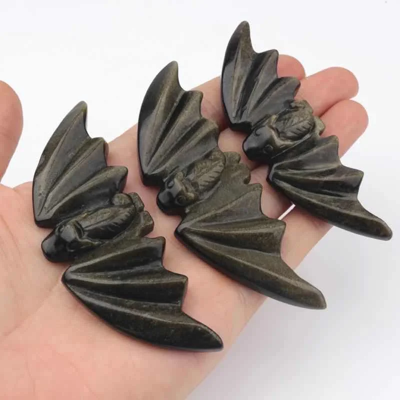 

MOKAGY Natural Gold Obsidian Quartz Bat Carvings Animal Sculpture Crystal 1pc