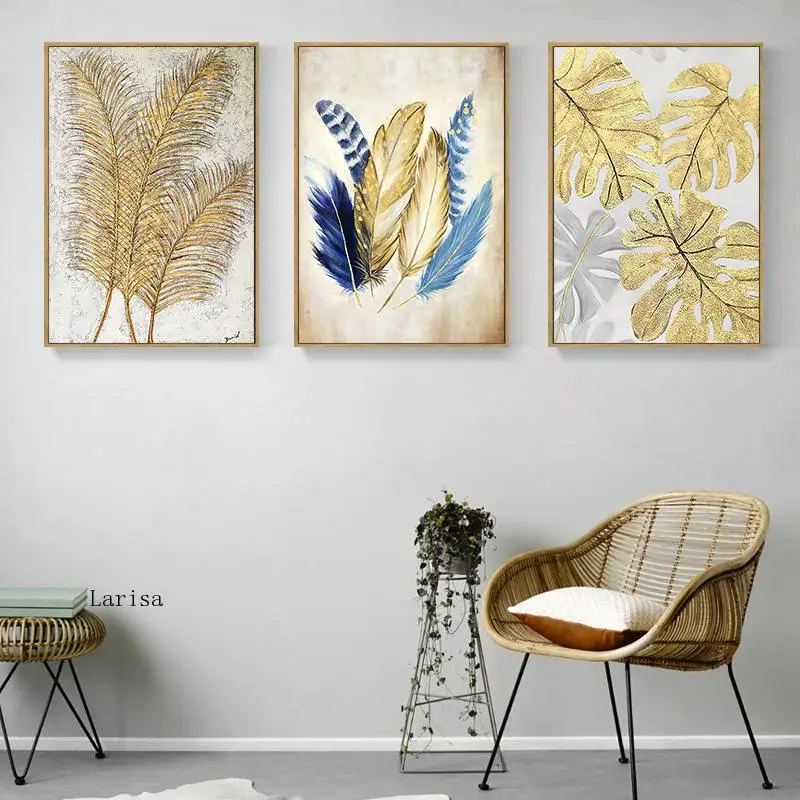 

Abstract Golden Leaf Blue Feather Canvas Painting Sofa Background Wall Art Decorative Pictures Luxury Modern Home Decoration