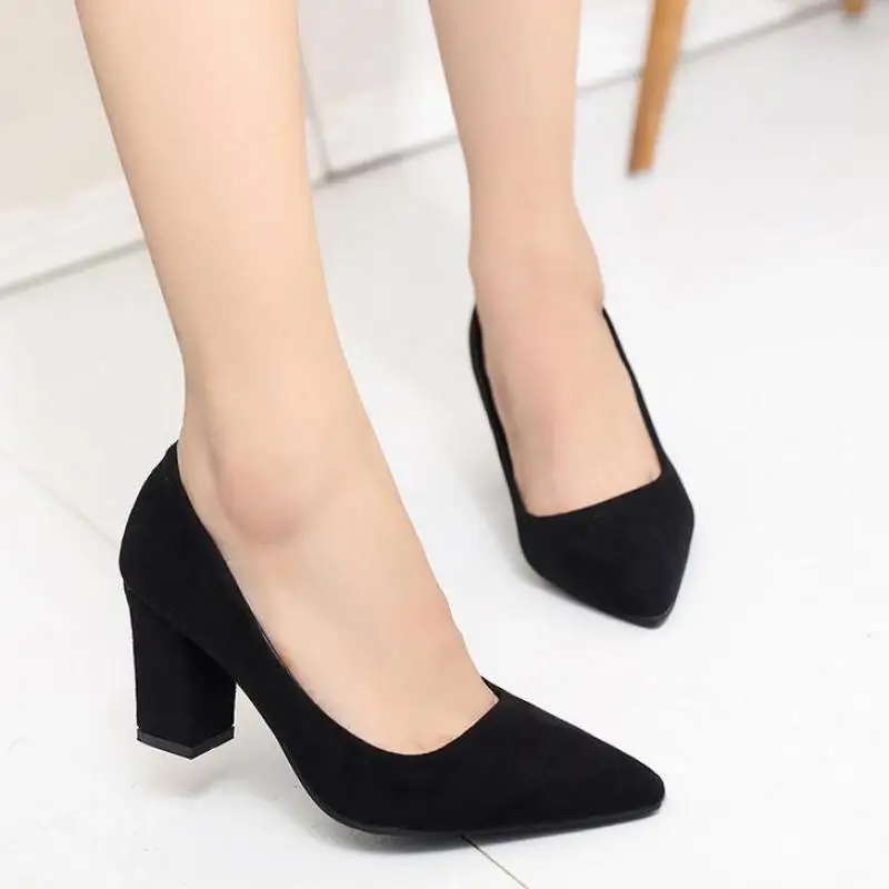 

High Heels Women Pumps Sexy Nightclub Wedding casual shoes Pointed Toe Parties Dress Slip-on Summer Flock Shallow Square Heel