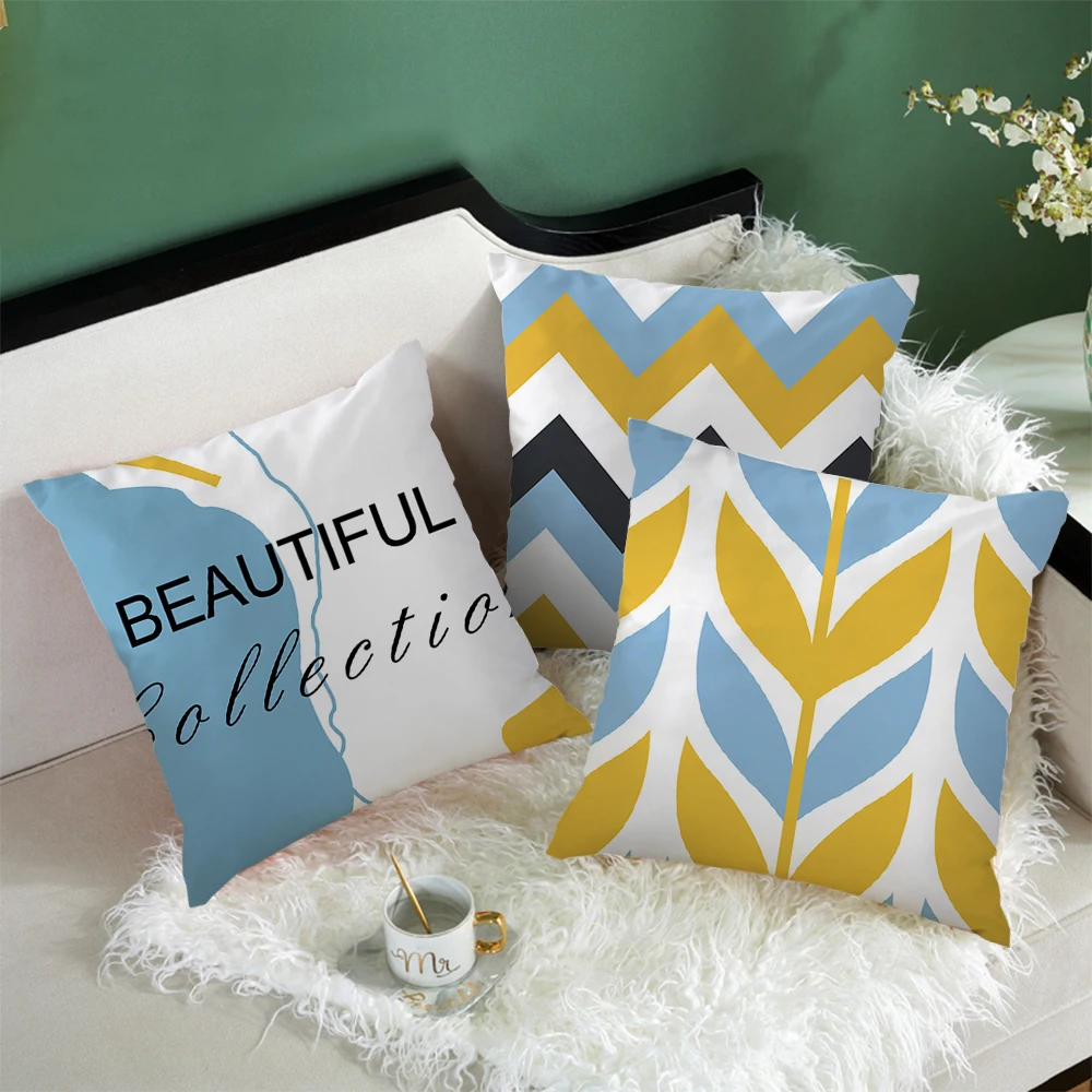 

Fuwatacchi Smile Words Printed Pillow Cover Blue Diamond Wave Cushion Coves Geometric Yellow Pillowcase for Sofa Decorations