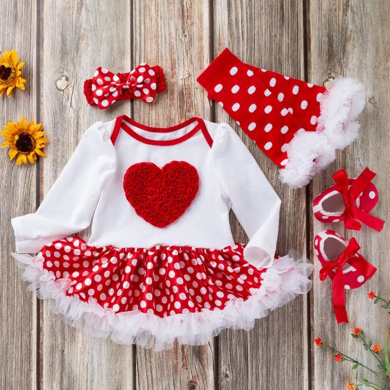 

0-24Month 3D Love Red Toddler Valentines Day Outfit Polka Dot Romper Dress Headband 4pcs Newborn Tutu Sets Baby Girl Clothes Set