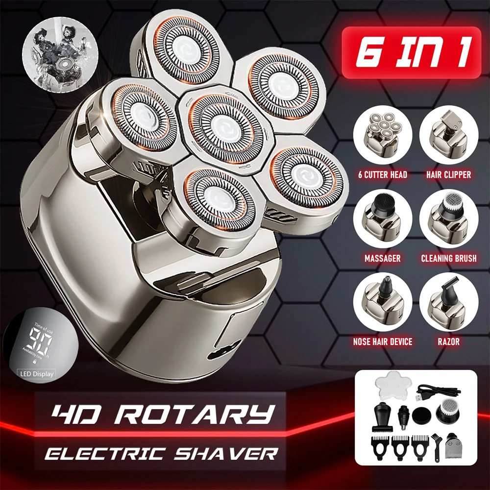 

6in1 LCD Digital Electric Shaver Grooming Kits Facial Body Razor For Men Beard Wet Dry Rotary Shaving Machine Bald Rechargeable