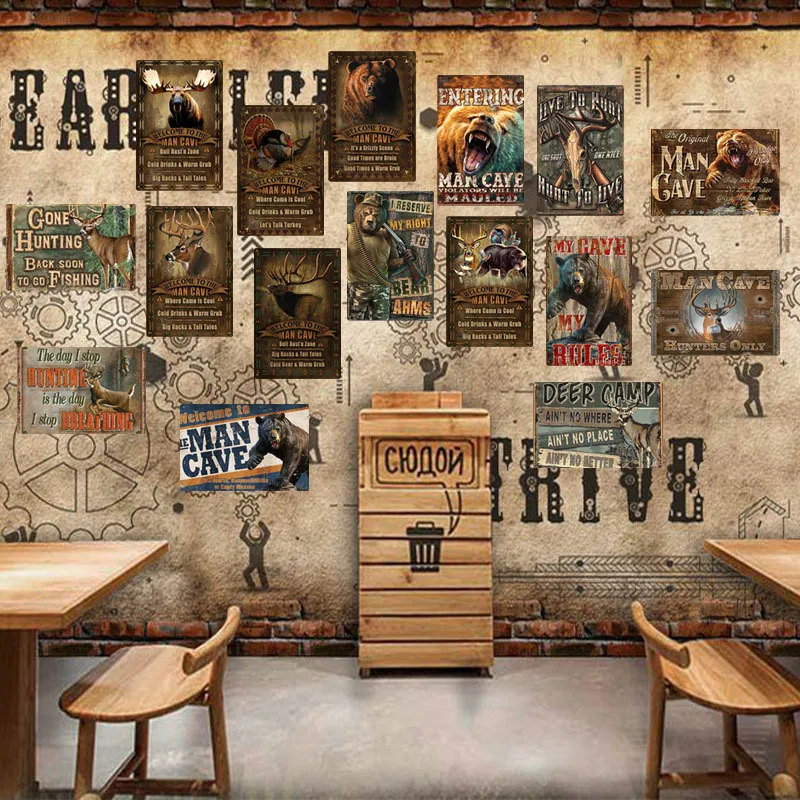 

Welcome To Man Cave Wild Animal Bear Deer Tin Signs Vintage Wall Metal Signs Decor Garage Man