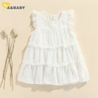 Ma и младенцев от 2 до 7 лет, на лето детское платье для девочек белое платье с гофрированным кружевом платья трапециевидной формы для девочек, одежда для девочек костюмы DD43