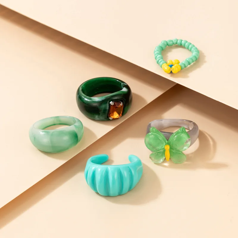 

Boho Rings 2021 Trend Fashion Jewelry 5 Piece / Set Bead Flower Ring Zircon Inlaid Acrylic Butterfly Resin Anillos Bague Femme