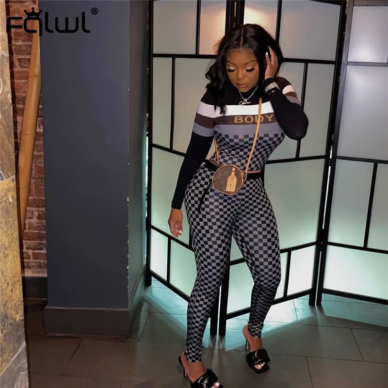 

FQLWL Casual Plaid Print 2 Two Piece Set Women Outfits Fitness T Shirt Leggings Women Activewear Autumn Ladies Tracksuits Female