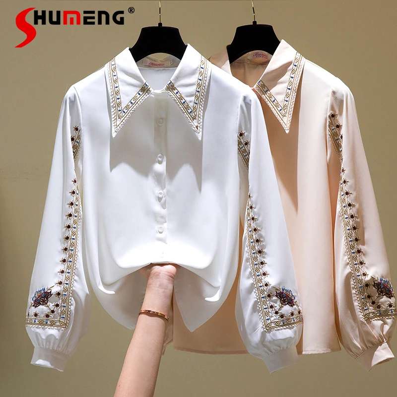 

Рубашка женская с вышивкой в стиле ретро, свободная блузка с воротником-поло и рукавами-фонариками, весна-осень 2021