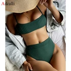 Женский однотонный купальник, бикини с высокой талией, лето 2021, купальный костюм с пуш-ап