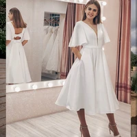 short wedding dress simple chiffon v neck with pocket flare sleeve knee length bridal gown robe de mariee elegant cheap new