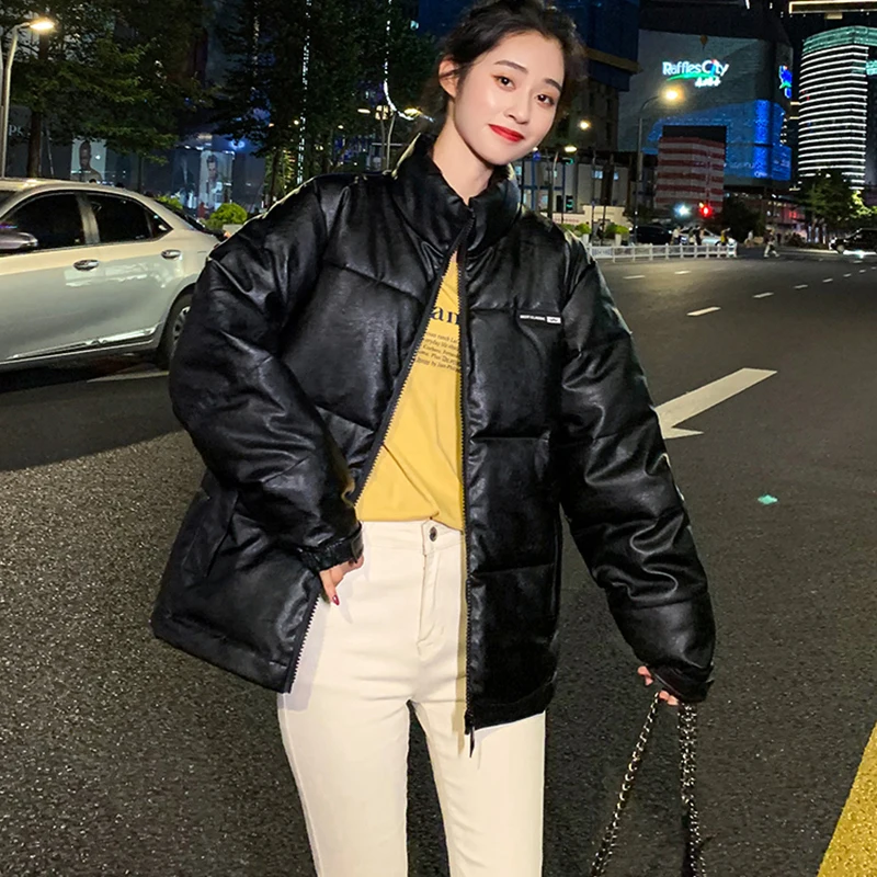 

Splicing Solid Imitation Leather PU Cotton Coat Female Fashion Casual Loose Jacket Women Winter 2020 New Zipper Clothing Jacket