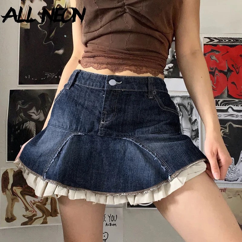 

ALLNeon 2000s Kawaii Aesthetics Ruffles Trim High Waist Denim Skirts Y2K Fashion Cute Zip Up Patchwork A-line Mini Skirt Retro