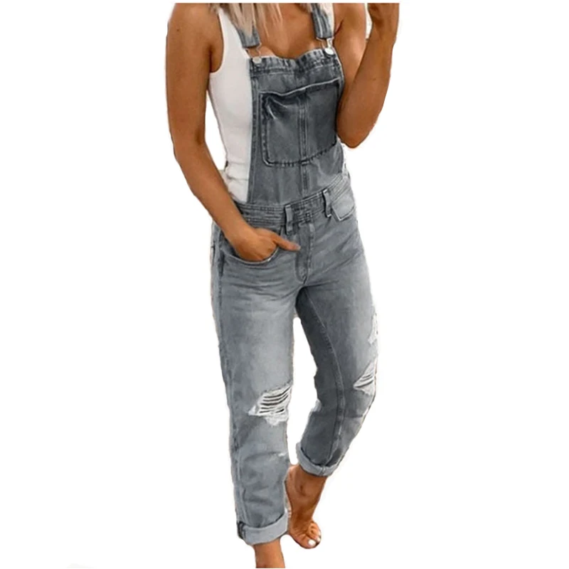 Streetwear Pants Women Explosion Suspender Pants Women Waisted Wide Leg Denim Pants Ripped Straight Leg Jeans Bib Pants Women