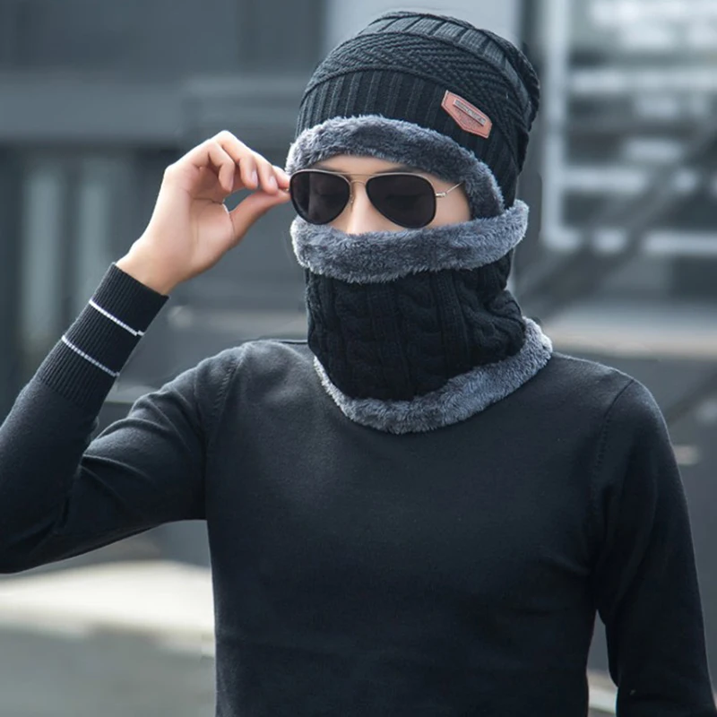 

Мужская теплая шапка Skullies, мягкий шарф, комплект из двух предметов, зимняя утепленная шапка, ветрозащитная вязаная шапка для мальчиков и дет...