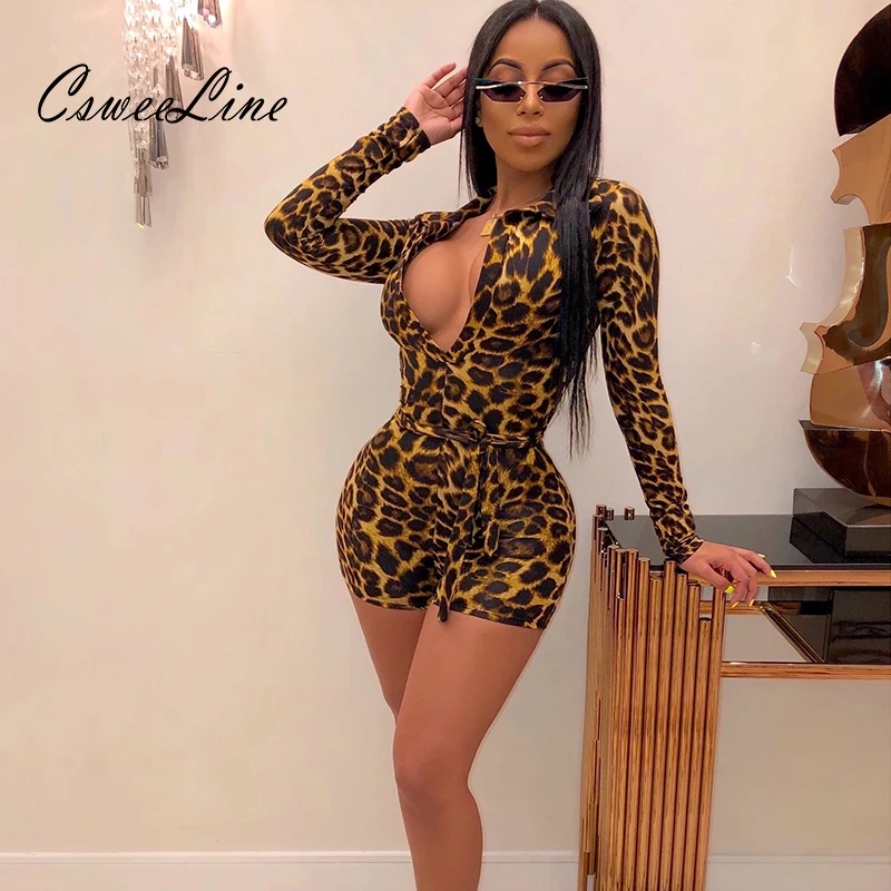 Леопардовый комбинезон и Комбинезоны bodycon 2019 сексуальный v-образный вырез для