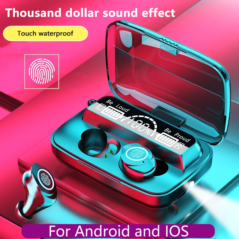Беспроводные наушники TWS Bluetooth наушники спортивного типа с диодной подсветкой, Hi-Fi Earbuds 9D стерео, шумоподавляющие наушники с микрофоном Earpod.