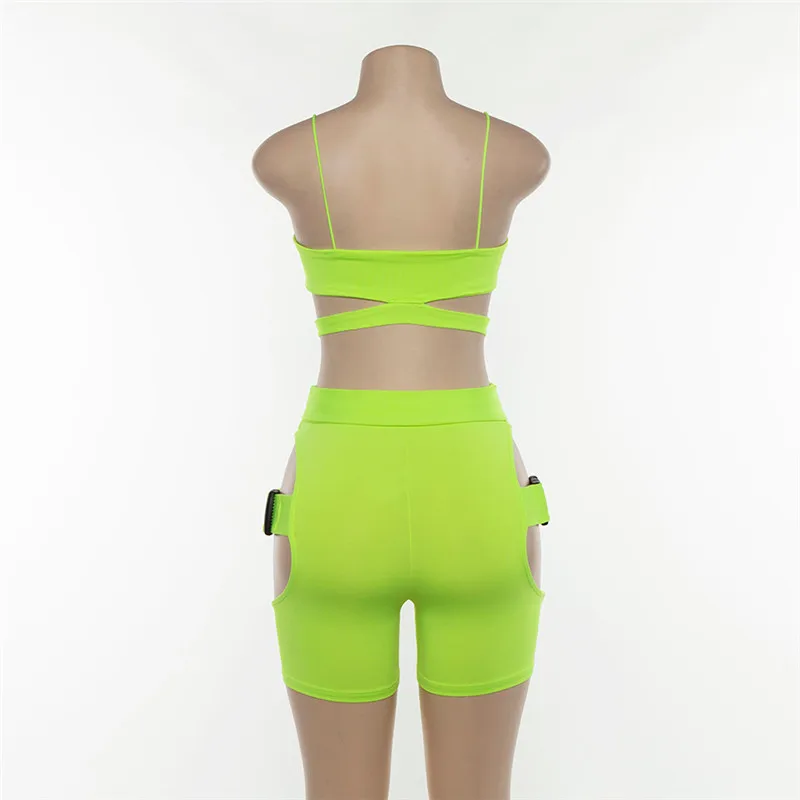 

2 Piece Sets Women Crop Tops and Shorts Buckle Sexy Club Sleeveless Bodycon Festival Summer Hollow Out Party Female Clothing