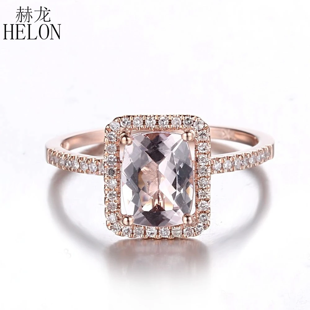 

HELON Solid 14K Rose Gold Flawless Cushion 8x6mm Natural Morganite Diamonds Fine Jewelry Gemstone Ring Women Birthday Best Gift