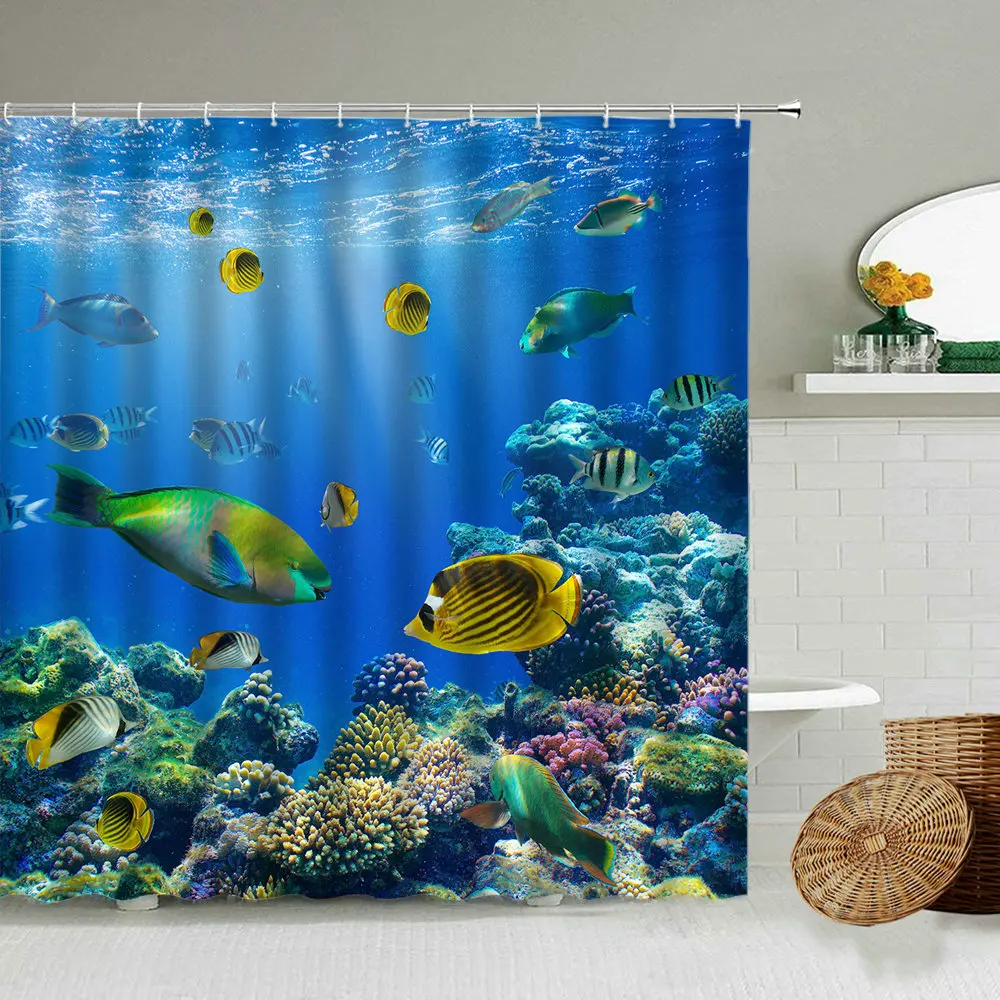 

Ocean Animal Shower Curtain Dolphin Whale Sea Turtle Fish Blue Waterproof Fabric Cartoon Fun Child Bathroom Screen Home Decor