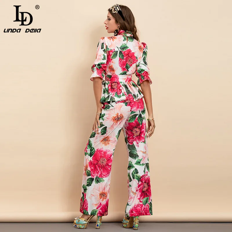 LD LINDA DELLA New 2022 Summer Runway Fashion Two Piece Pants Suits Women Loose Flower Print Top and Wide Leg Pants Sets enlarge
