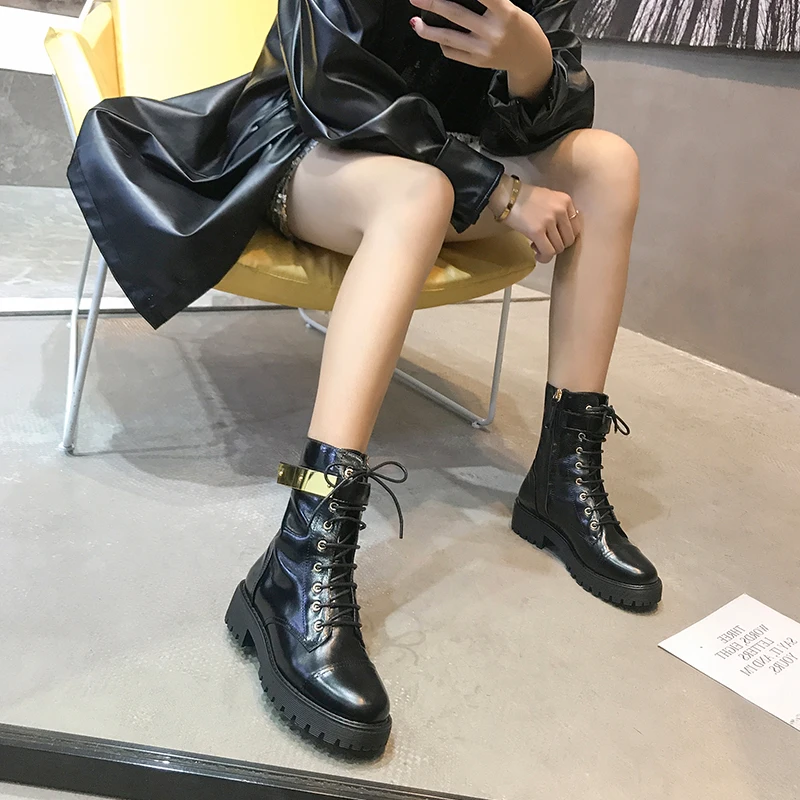 Botas Mujer/ г. Женская обувь зимние мотоциклетные ботинки черного и серебристого цвета женские ботинки на шнуровке с круглым носком женская обувь scarpe donna