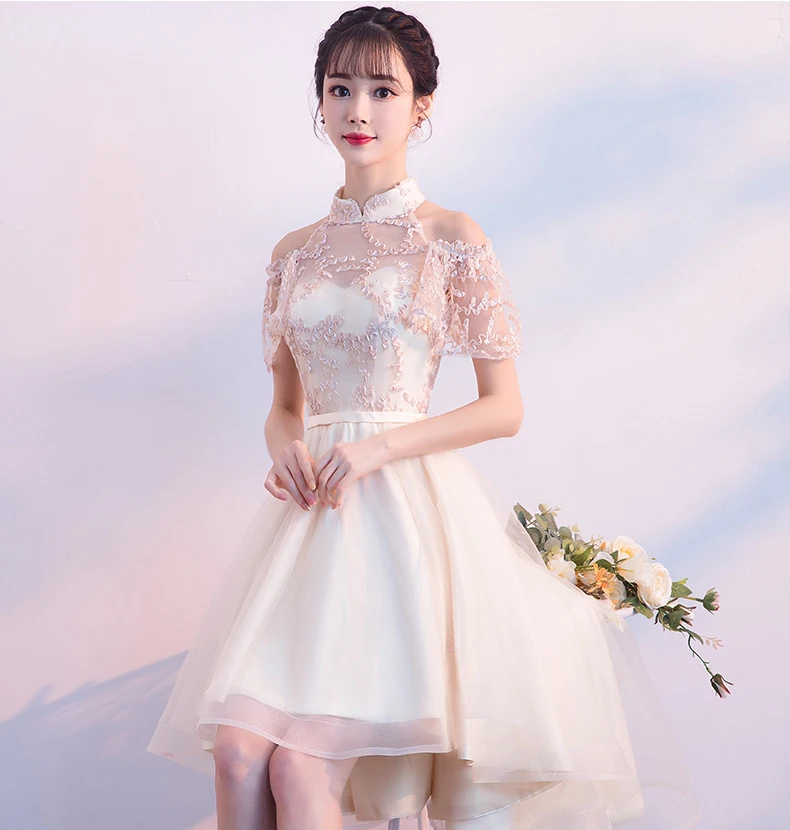 Cheongsam платья Очаровательные цвета шампанского с короткими Свадебная вечеринка