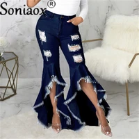 sexy ripped jeans fringe hollow out ruffle water wash flare denim pants new high waist bodycon hole women trousers club outfits