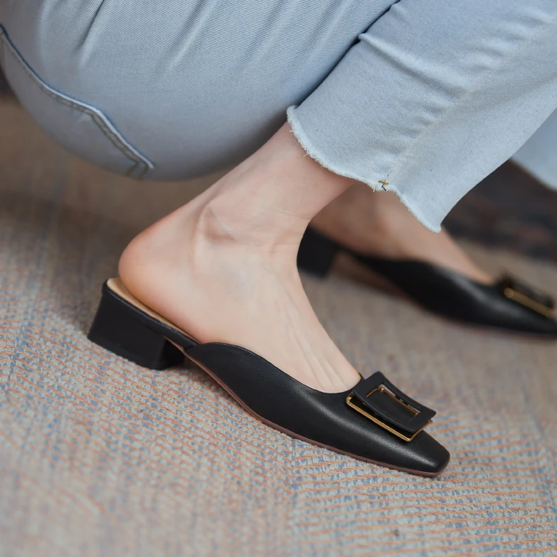

2021 European Summer Genuine Leather Women Slippers Fashion Party Casual Shoes 100% Cowhide Women Slippers