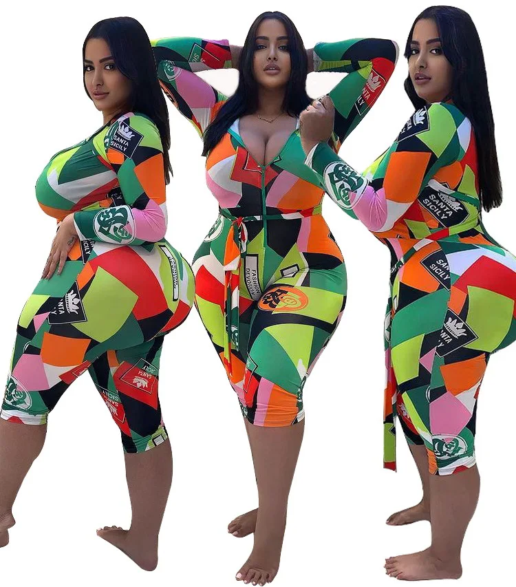 

Autumn One Piece Jumpsuits Plus Size Sexy V Neck Full Sleeve Irregular Printing High Waist Sashes Skinny Knee Length Dress