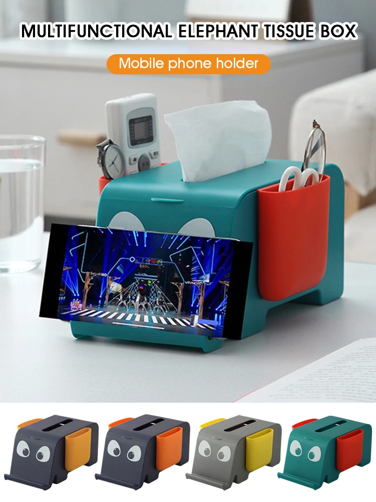 

Remote Control Holder with Tissue Box Cover Elephant Multifunction Desktop Organizer Desk Storage Box Holder for Home Office