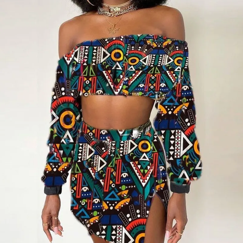 

Dashiki African Clothes For Women 2 Piece Set Strapless Crop Tops And Skirt Suits Summer Sexy Bazin Riche Africa Clothing Outfit