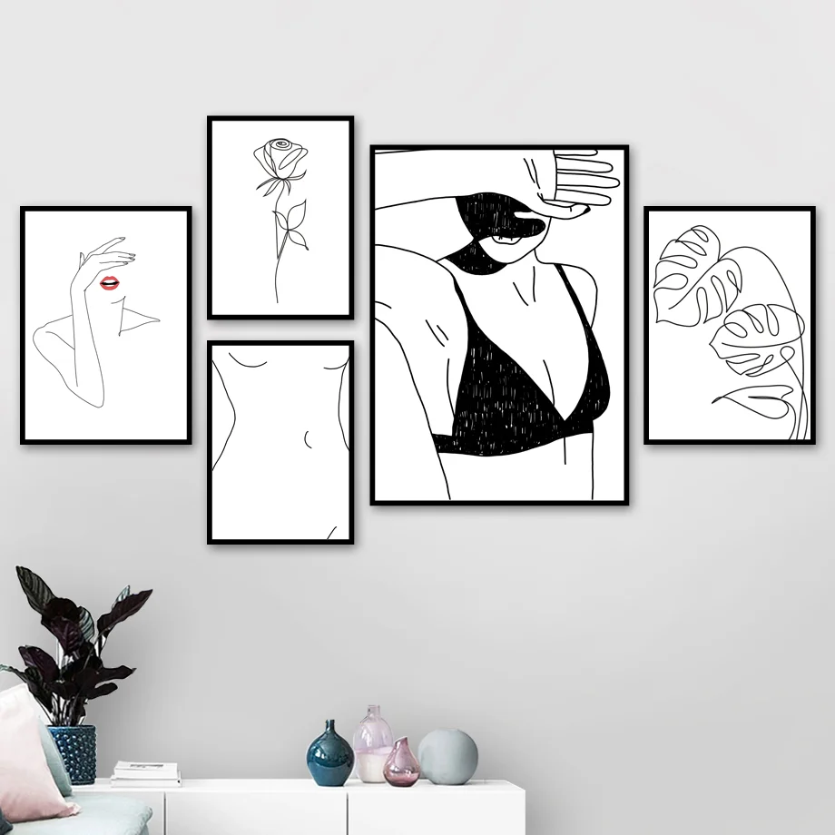 

Wall Art Canvas Painting Nordic Print Posters Modern Minimalist Line Girl Rose Picture Modular Home Decor For Modern Living Room
