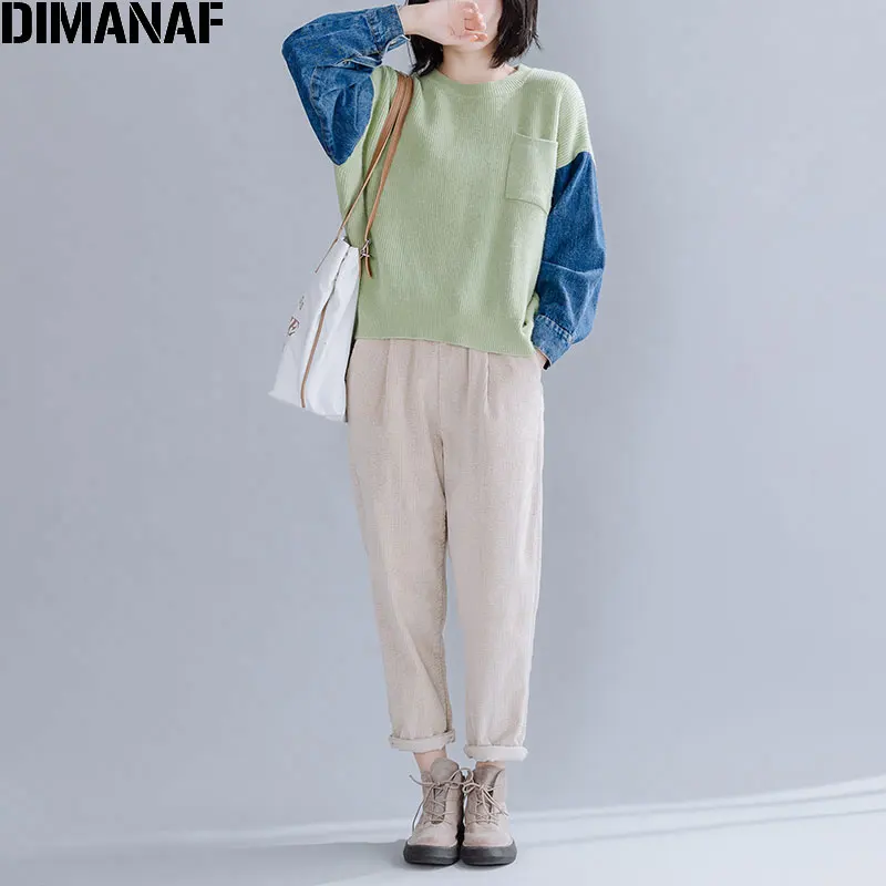 Женский трикотажный свитер DIMANAF Толстый Пуловер оверсайз из хлопка и денима с