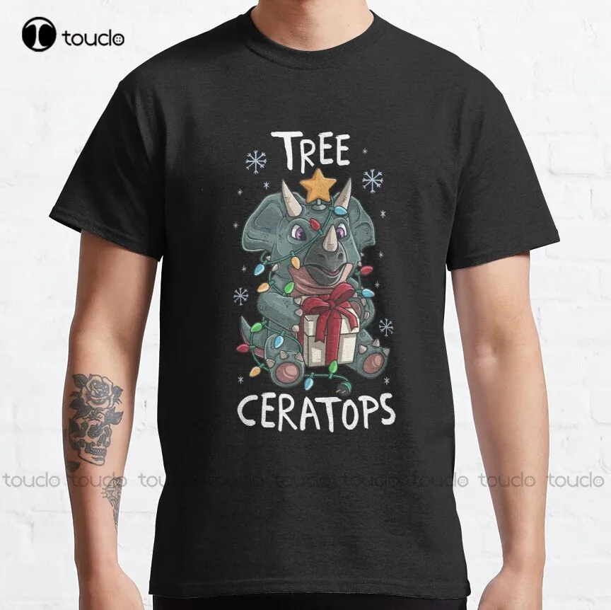 

Tree Ceratops Cute Triceratops Dinosaur Christmas Tree Lights Star Classic T-Shirt White Tees For Men Custom Aldult Teen Unisex