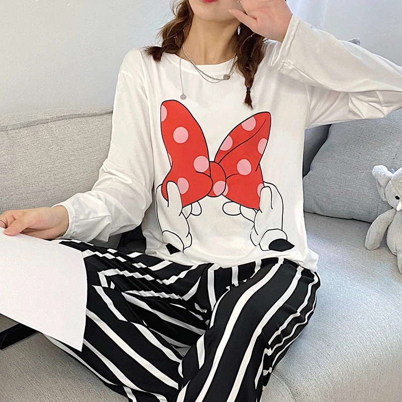 Disney Women Pajamas Set Silk Cotton Girls Cartoon Mickey Minnie Sleepwear Tops Pants Home Clothing Pyama Woman Ropa Mujer | Женская