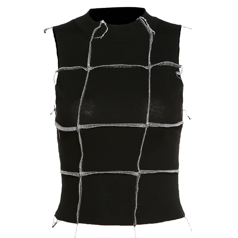 

Ribbed knit High Neck Plaid Tank Top Women Fashion Casual Wear Tee Vest Slim Skinny Streetwear Basic Female Short Crop Tops
