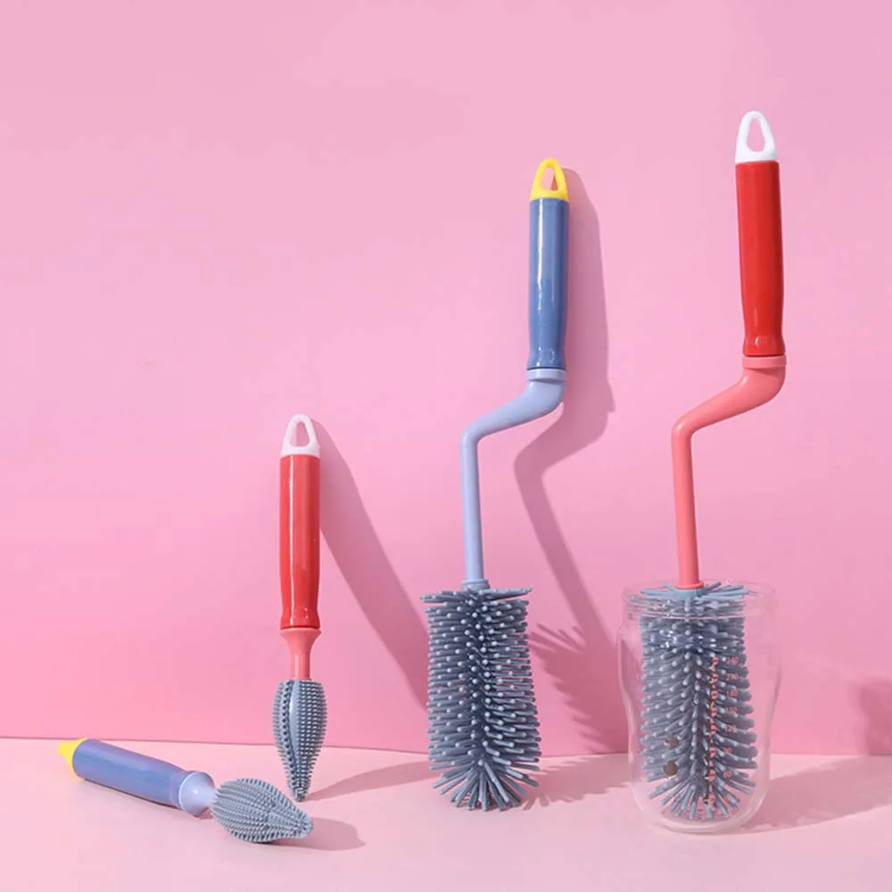 

360 Degree Silicone Rotatable Bottle Nipple Brush Set Baby Bottle Cleaning Brush Combination Creative Long Handle Washing Tool