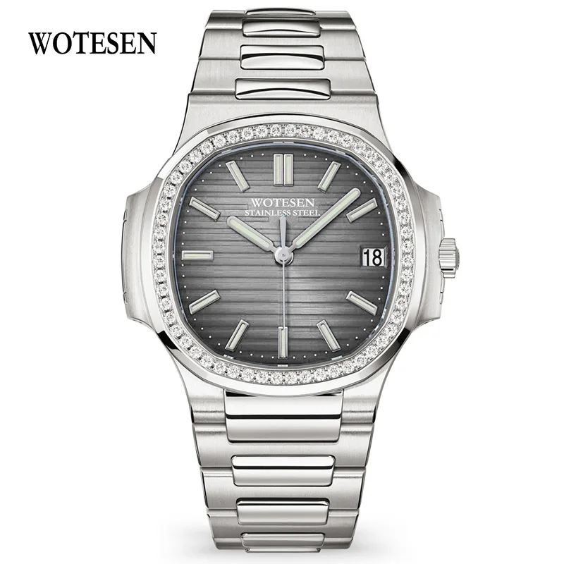 Silver Gray WOTESEN Топ Роскошные мужские часы с бриллиантами кварцевые Брендовые Часы мужские кварцевые Стальные армейские военные часы мужские деловые наручные часы - Цвет: Silver Gray