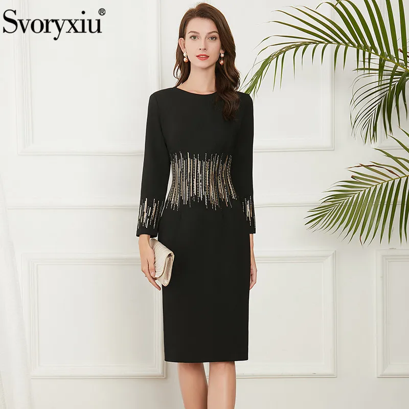 

Женское платье-карандаш до колена Svoryxiu, черное облегающее платье в полоску с круглым вырезом и вышивкой, с блестками, на осень