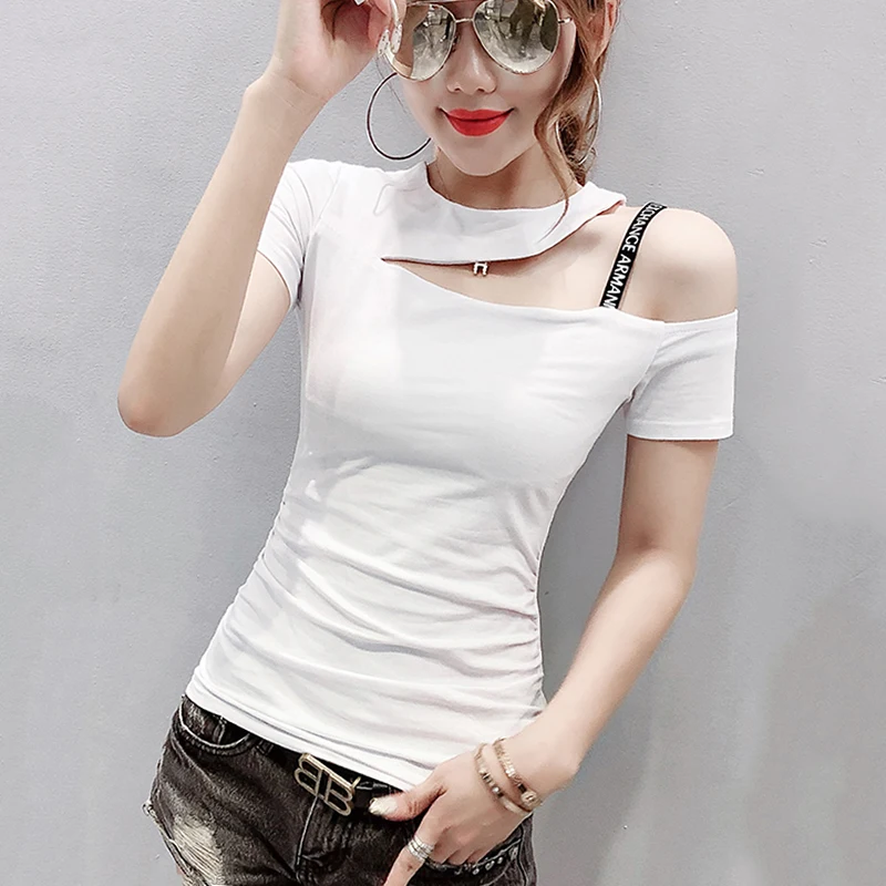 

#5989 Sexy T Shirt Women Hollow Out Tight Tshirt Short Sleeve Sexy O Neck Off Shoulder T Shirts Cotton Korean Fashion Summer
