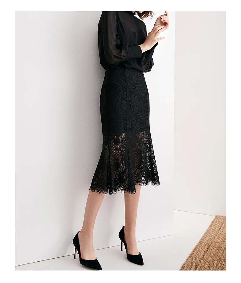 

POKWAI women High waist cutout lace panel mid-length slim-fit fishtail skirt