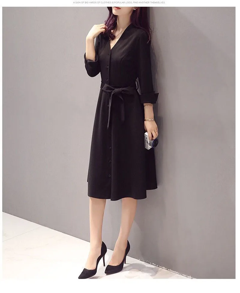 

Fashion V-down Collar Party Shirt Dress Women Solid Three Quarter Sleeve Spring Dress Plus Size Loose Casual Vestidos Robe