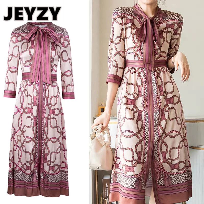 

Jeyzy Chain Print Shirt Dress Workwear Women Button Design Bow Collar Casual lace up high waist loose plus size red dresses new