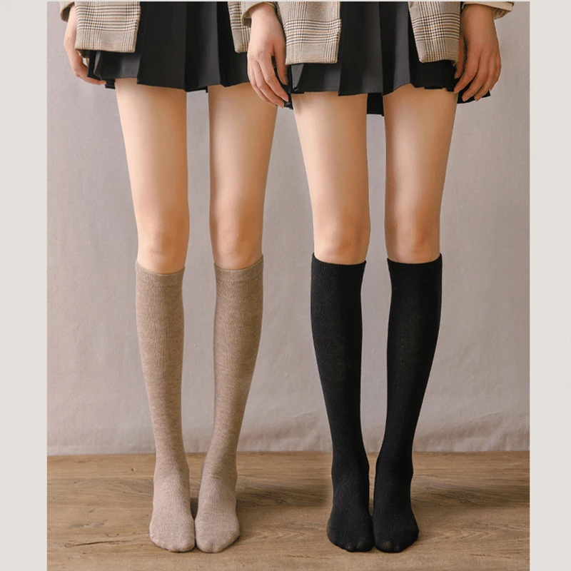 

Модные однотонные носки до середины икры в студенческом стиле, милые высокие чулки, японские хлопковые красивые чулки до середины ног