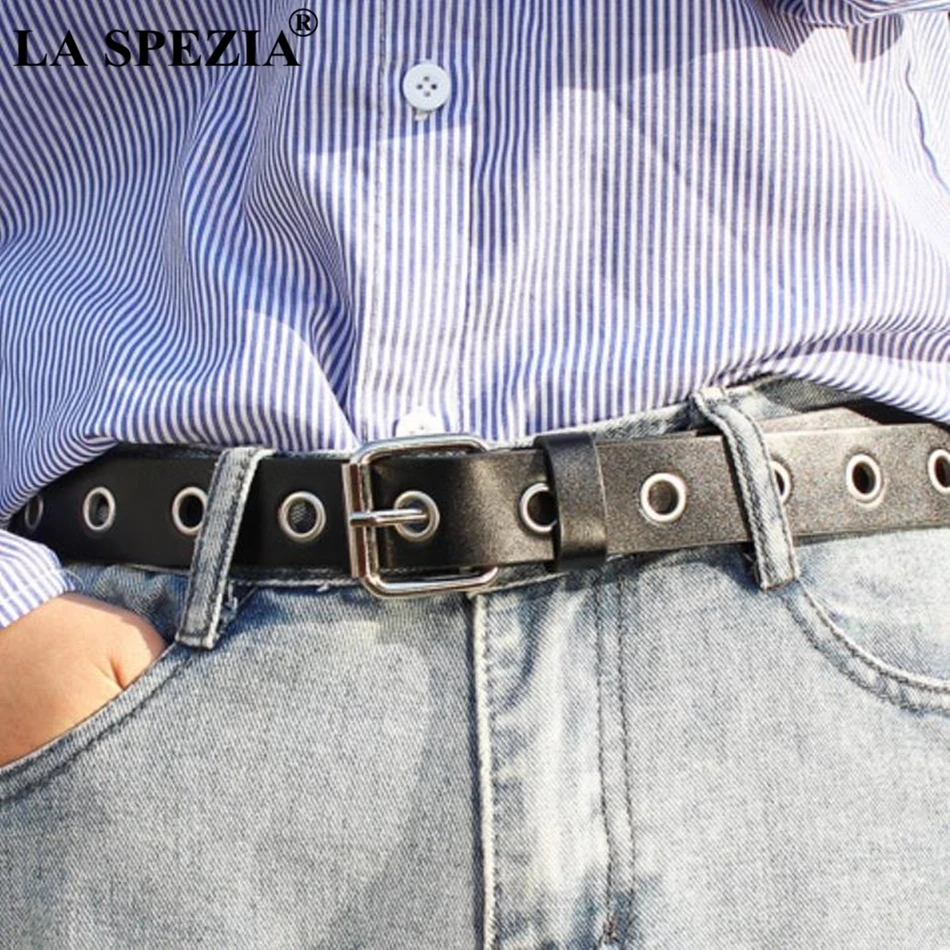 Женский ремень LA SPEZIA черный кожаный с пряжкой язычком для брюк новинка 2021|Женские
