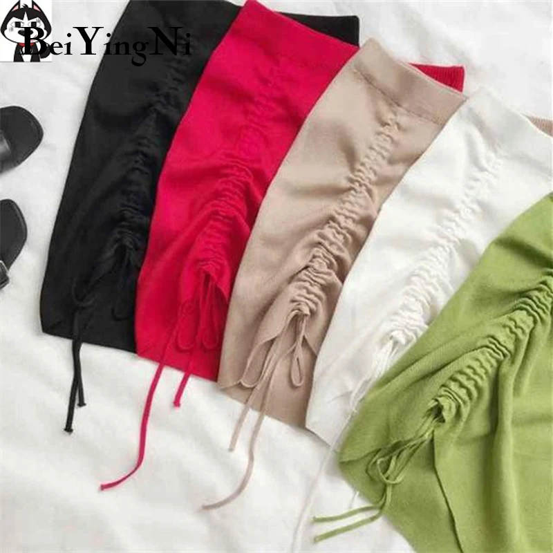 

Beiyingni High Waist Knitted Mini Skirt Women Solid Color Sexy Package Hip Drawstring Casual Bodycon Skirts Kawaii Black Faldas